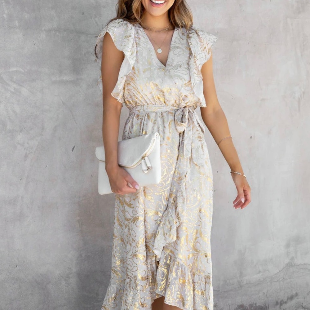 Vici Golden Summer Metallic Ruffle Midi Dress